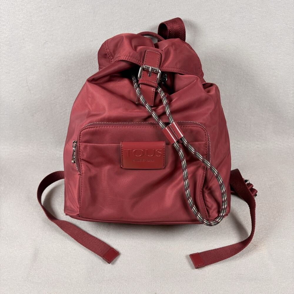 TOUS Burgundy Nylon Backpack Drawstring Flap Silver Hardware